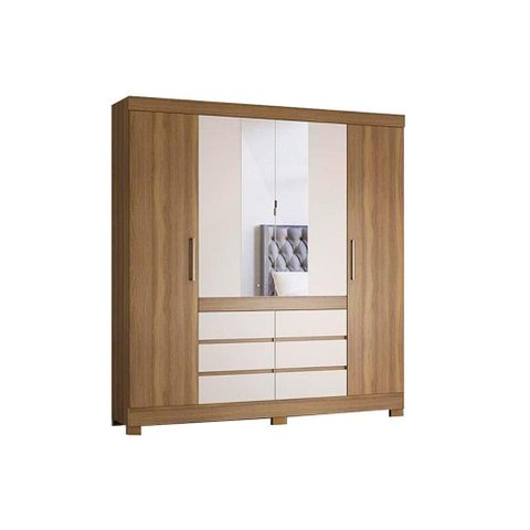 Guarda Roupa Casal 4 Portas e 6 Gavetas c/ Espelho Cádis Amêndola/Off White - Demóbile