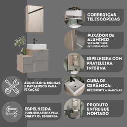Conjunto Gabinete Banheiro Nivus 60cm (armário + Cuba + Espelheira) Madeirado / Cinza - 6
