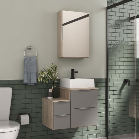 Conjunto Gabinete Banheiro Nivus 60cm (armário + Cuba + Espelheira) Madeirado / Cinza
