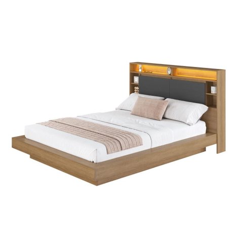 Cama de Casal e Queen Suspensa com Iluminação em LED e Organizador na Cabeceira Cancun Cor Mel/