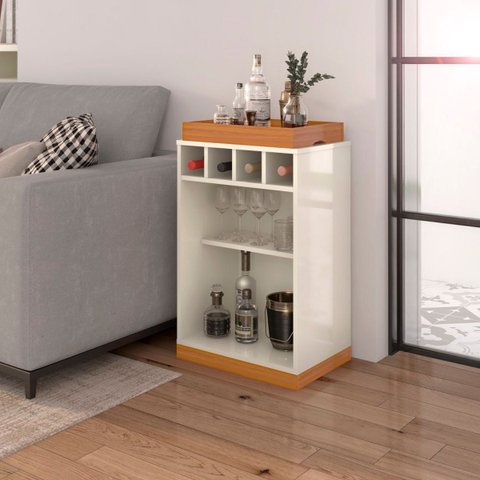 Aparador Bar Retrô Bandeja de Mdf Adega 4 Garrafas Astúrias:off-cedro