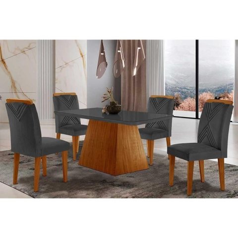 Sala de Jantar Completa Luna Tampo Madeirado C- Vidro Canto Reto 120x80 e 4 Cadeiras Amsterdã