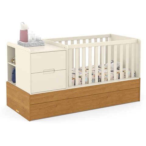 Berço Multifuncional Formare com Cama Auxiliar Off White/Freijó e Colchões D18 e D33 - Matic Móveis
