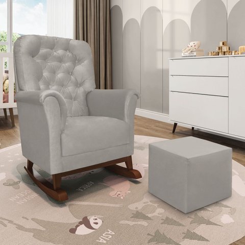 Poltrona de Amamentação Balanço Madeira e Puff Angelin Suede P02 - D’Rossi