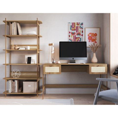 Conjunto Escrivaninha 2 Gavetas e Estante Palhinha Pé Metal Oslo Artesano | Hanover/dourado