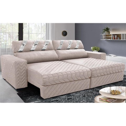 Sofá Retrátil e Reclinável 2,55m Molas Ensacadas Cama inBox Silver Style Thermo Gel Linho Bege