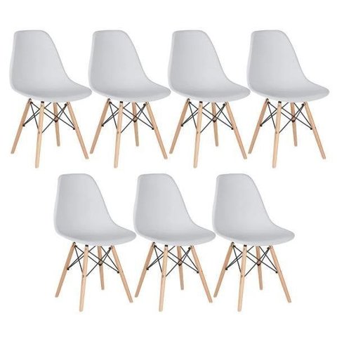 Kit 7 Cadeiras Charles Eames Eiffel Dsw - Base de Madeira Clara - Cinza Claro Multicolorido