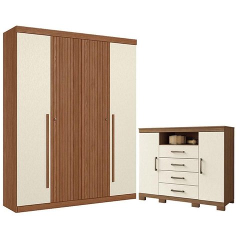 Guarda Roupa Casal Ripado 4 Portas de Bater 2 Gavetas MDF-MDP Jatobá Areia com Cômoda Havana