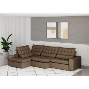 Sofá Volt com Chaise 3,60m em Suede Veludo Marrom - Home Mobily