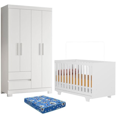 Berço Nacional Life 2217 com Colchão Ortobom com Guarda Roupa Olimpia 4 Portas Branco Flex - Móveis 