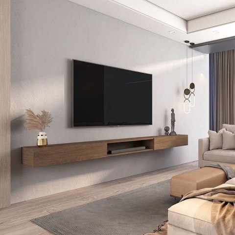 Rack Suspenso 218cm para TV até 85 Polegadas 100% MDF com 2 Portas Marrom Aloe Yescasa Cedro
