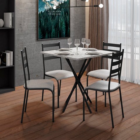 Conjunto Mesa com 4 Cadeiras 541.Sli e Tampo Quadrado Diamante Preto/Cinza