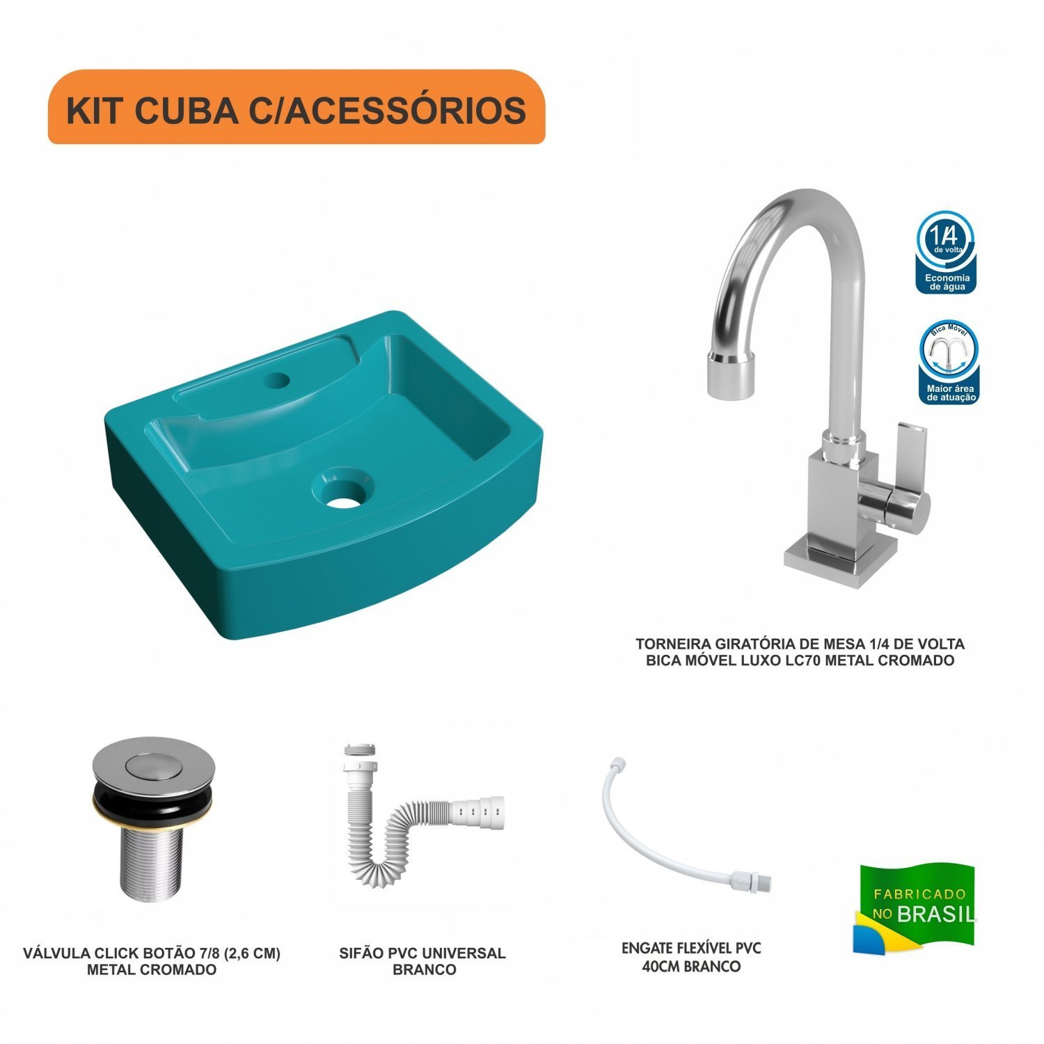 Kit Cuba Rt41 com Torneira Luxo 1195 Metal e Válvula Click 1 Polegada B e Sifão Pvc e Flexível Compa - 3