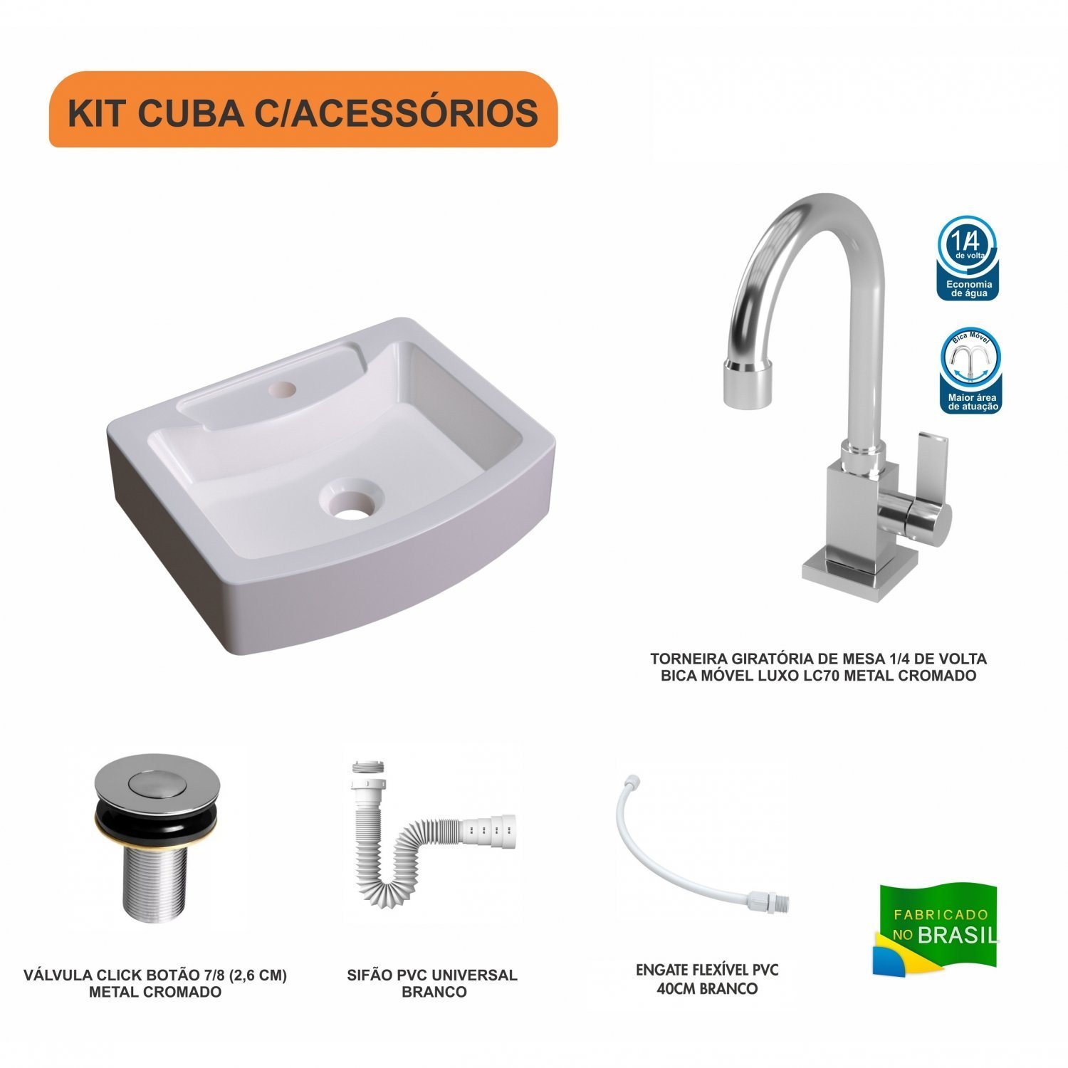 Kit Cuba Rt41 com Torneira Luxo 1195 Metal e Válvula Click 1 Polegada B e Sifão Pvc e Flexível Compa - 3