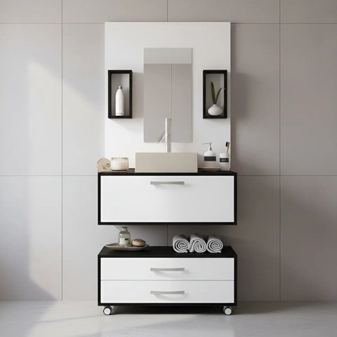 Conjunto Armario Gabinete Banheiro com Balcao 80cm Preto Class 900