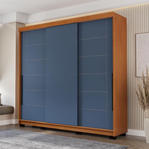 Roupeiro Lisboa 3 Portas de Correr 4 Gavetas 217x213cm Freijó/Azul 240846