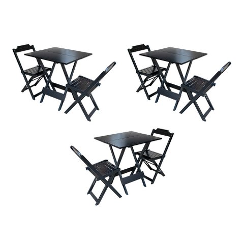 Kit 3 Jogos de Mesa Dobravel com 2 Cadeiras de Madeira 70x70 para Restaurante e Bar - Preto