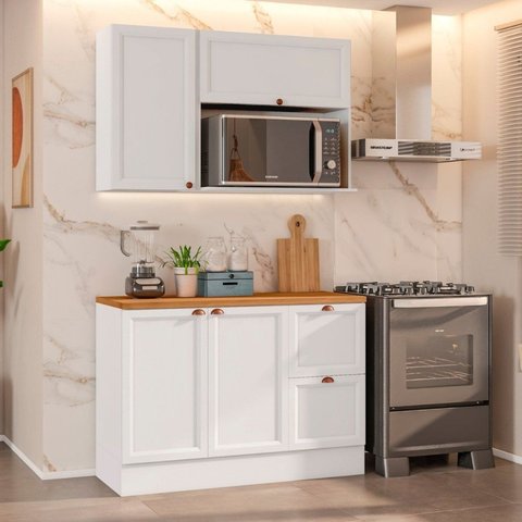 Cozinha Modulada Compacta Americana 3 Peças com Balcão 2 Portas 2 Gavetas com Tampo Unna Branco