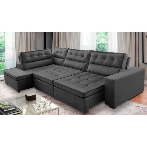 Sofá de Canto Retrátil e Reclinável com Molas 3,00x2,00 Esq Virginia Suede Cinza Adonai