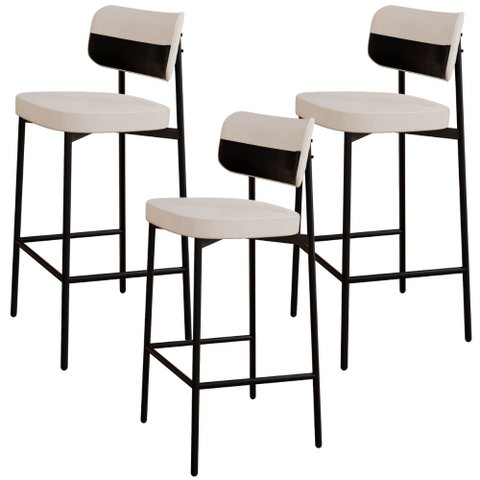 Kit 03 Banquetas Alta Bar Cozinha Sala de Jantar Aço Preto Kaira C01 Linho Palha Courino Preto - Lya