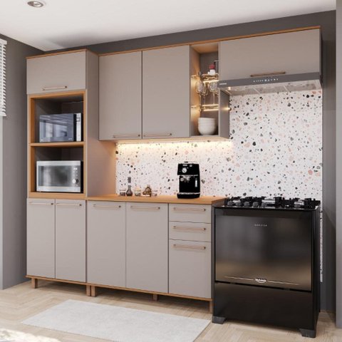 Armário de Cozinha Modulada Compacta Fidelitá Berlim 4 Peças 270cm 9 Portas 2 Gavetas com Tampo
