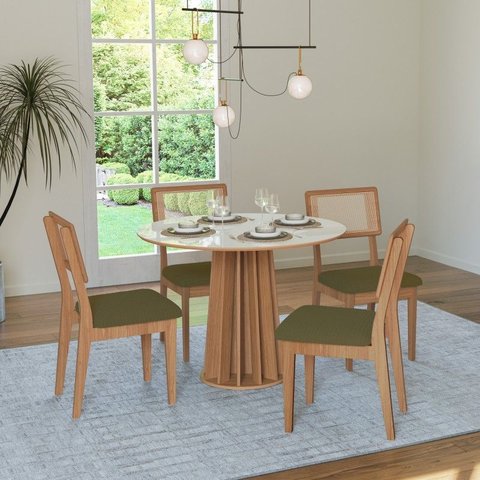 Conjunto Sala de Jantar Mesa Redonda Nature com 4 Cadeiras Tela Sintética Off White/freijó/verde