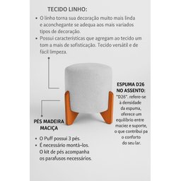 Puff Decorativo Redondo com Pés de Madeira Maciça Linho Piave - 4