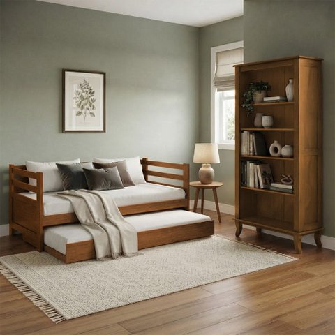 Kit Sofá Cama Enjoy em Madeira Maciça com Estante Livreiro Sofisticada Aberta Castanho