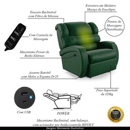 Poltrona do Papai Sala de Cinema Reclinável Kylie Power Elétrica Massagem USB PU Verde Musgo G23 Gra - 4