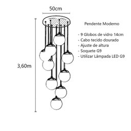 Pendente Moderno Dourado 50cm Pé Direito Alto Sala Escada Arevo Iluminação 82dr9 Jabuticaba Vidro Âm - 4