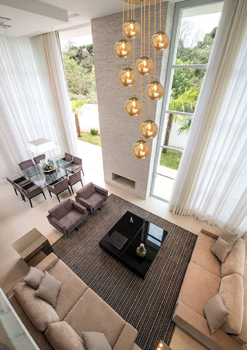 Pendente Moderno Dourado 50cm Pé Direito Alto Sala Escada Arevo Iluminação 82dr9 Jabuticaba Vidro Âm - 3