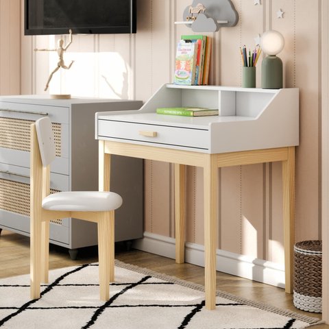 Escrivaninha Infantil para Quarto Mesinha de Estudo com Cadeira de Criança Madeira Maciça Branco MDF