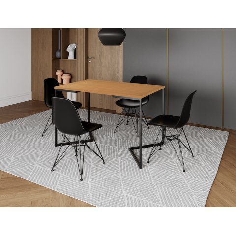Mesa Industrial Base Ferro Preto em V Tampo 137x90 Canela 4 Cadeiras Eames Assento Preto Ferro Preto