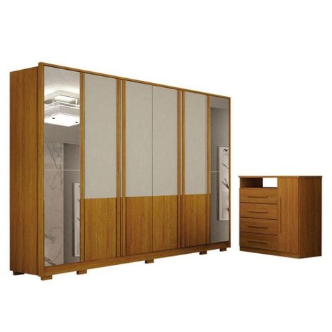 Guarda-Roupa Casal Urban 6 Portas c/ Espelho Off White + Cômoda Diamante 4g Cinamomo Leifer