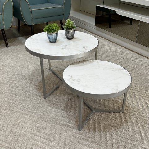 Conjunto Mesa de Centro Redonda Dallas Marmorizado Branco - Prata