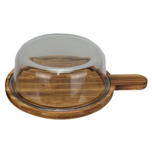 Queijeira Redonda Home&co com Tampa de Vidro Madeira 8x21x28cm Natural