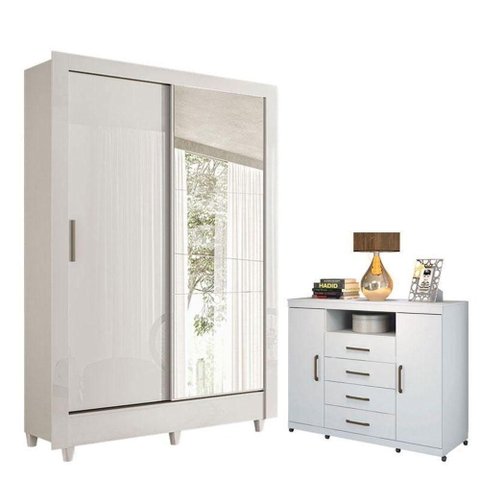 Guarda Roupa Casal Bélgica 2 Portas de Correr 6 Gavetas MDP com Espelho e Cômoda Branco Brilho