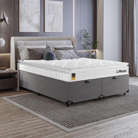 Cama Box Baú Casal Bipartido Cinza + Colchão Life D33 Pillow Top 61x138x188cm Branco