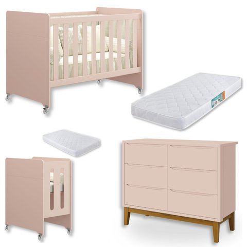 Quarto de Bebê Berço Evolution + Cômoda 6 Gvts + 02 Colchões Rosa