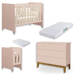 Quarto de Bebê Berço Evolution + Cômoda 6 Gvts + 02 Colchões:rosa
