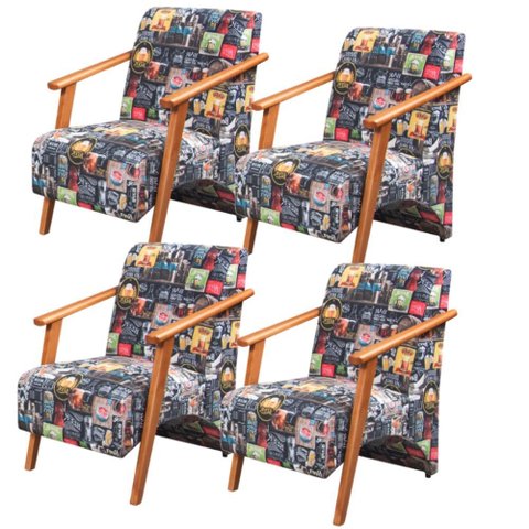 Kit 4 Poltronas Venus 1 Lugar Braço Madeira Maciça Tecido Suede Unidecor Retro Bar 107