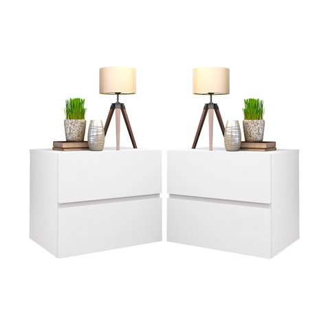 Kit 2 Mesas de Cabeceira Suspenso Branco 2 Gavetas MDF Para Quarto Cama Casal Design Minimalista