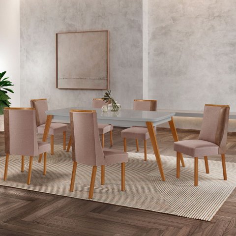Mesa de Jantar Copper 180cm Madeira e Vidro com 6 Cadeiras Diane Mdf Moderna Mobília