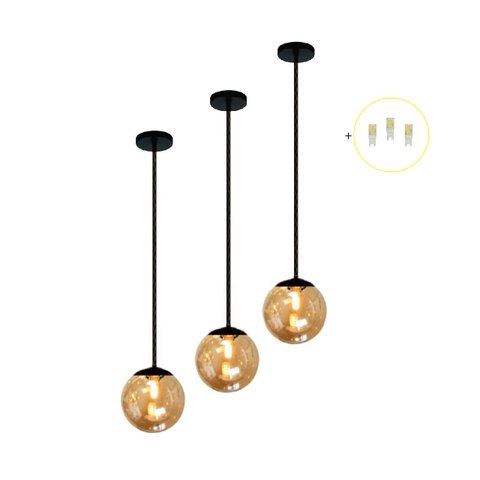 Kit 3 Pendente Preto Bancada Cozinha Cabeceira de Cama + Led Arevo Iluminação Jabuticaba VIDRO ÂMBAR