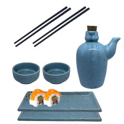 Kit Oriental 6 Pessoas Porta Shoyu Prato Molheira 60ml Azul Prattos - 4