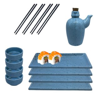 Kit Oriental 6 Pessoas Porta Shoyu Prato Molheira 60ml Azul Prattos