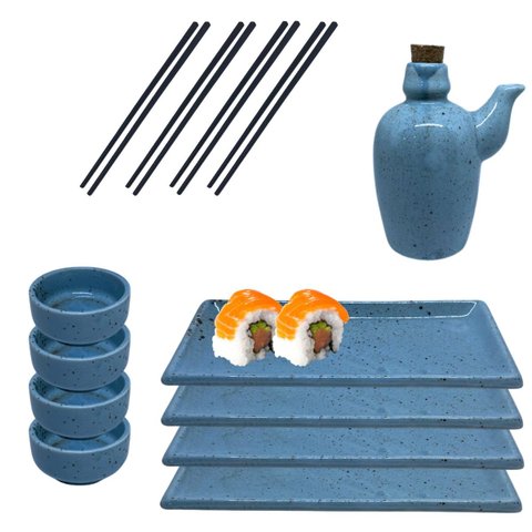 Kit Oriental 6 Pessoas Porta Shoyu Prato Molheira 60ml Azul Prattos