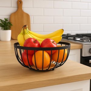 Fruteira de Mesa de Metal e Madeira Cesta Cesto Multiuso:redondo 25 Cm