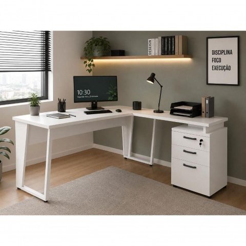 Mesa para Escritório em L com Gaveteiro Moderno 3 Gavetas MDP 150cm Branco F5 Office