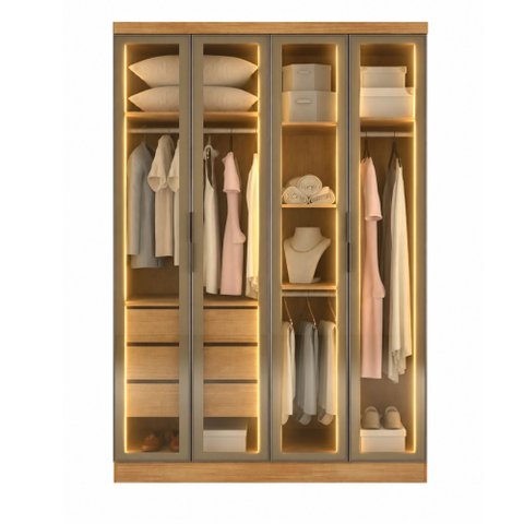 Guarda-Roupa Modulado Reflecta 4 Portas com LED 3 Gavetas 100% MDF Cairo